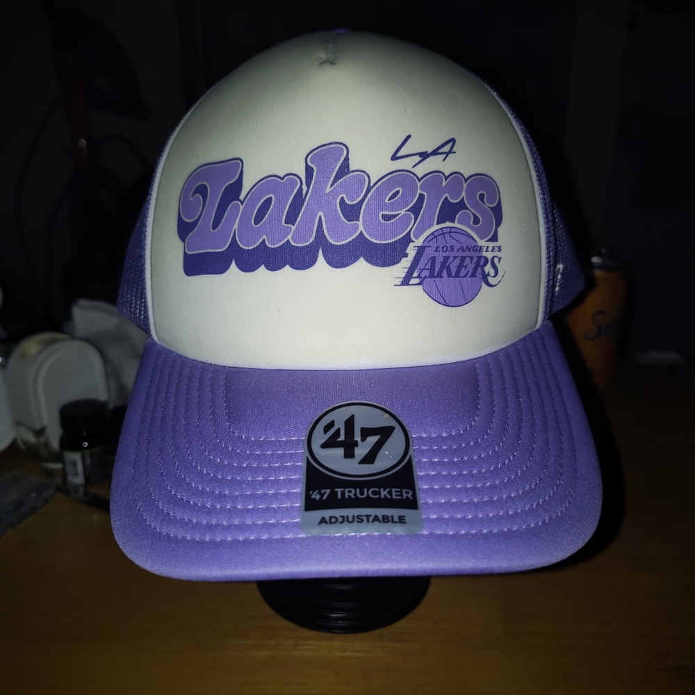 47 Brand Lakers Purple and Cream Trucker Hat Glow In The Dark Custom Made By Me.
